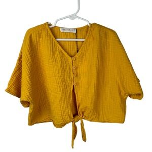 Zara Girls Gauzy Cotton Tie Short Sleeve Top Mustard Yellow NWT size‎ 7 V-neck